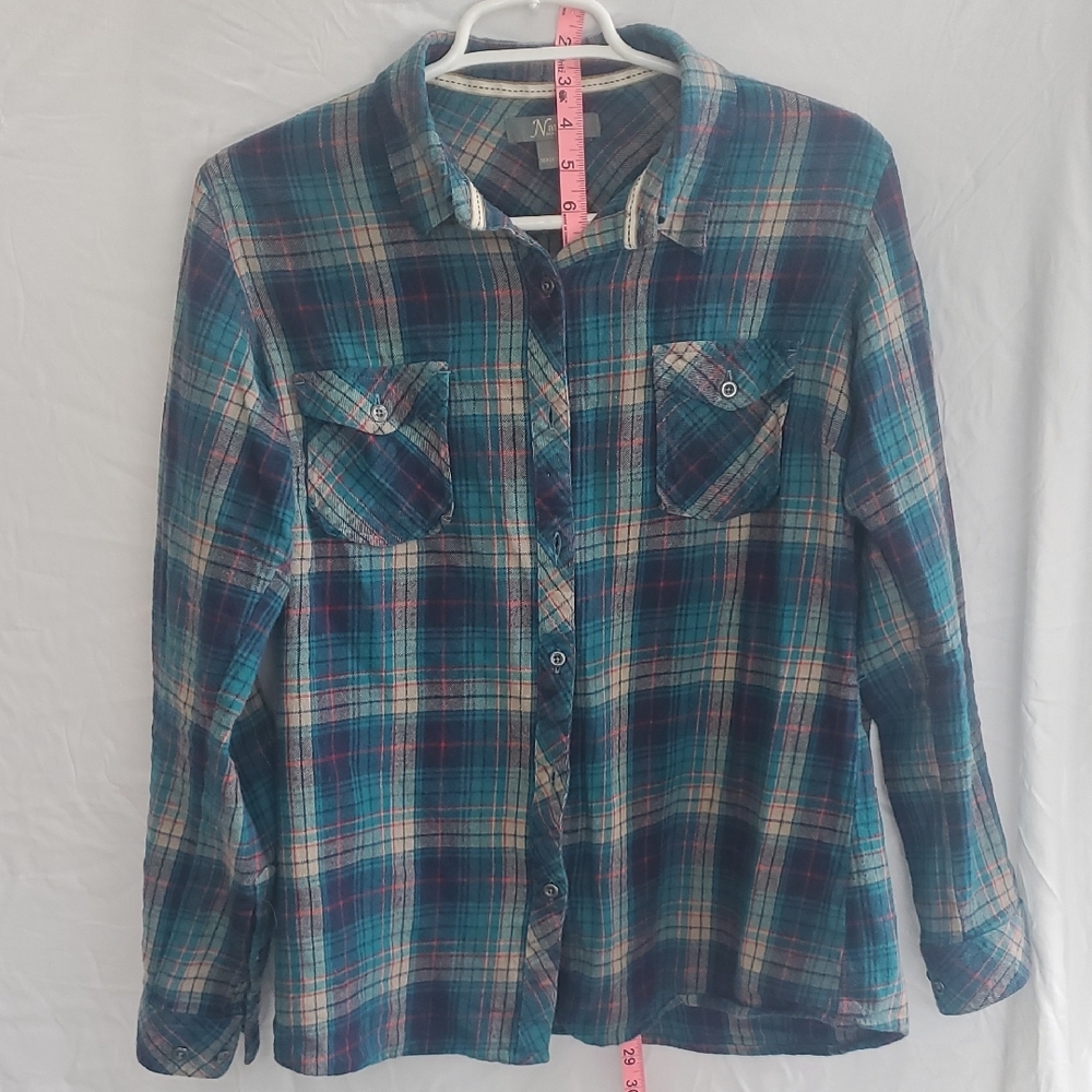Natural Reflections Plaid Button Down Shirt - Blue and Green